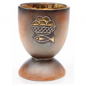 Chalice in ceramic with round foot, fish and loaves, gold inside