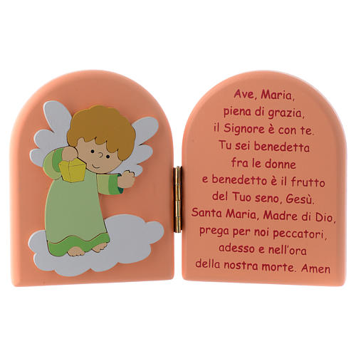 Hail Mary diptych with green Angel in pink wood 10x15 cm