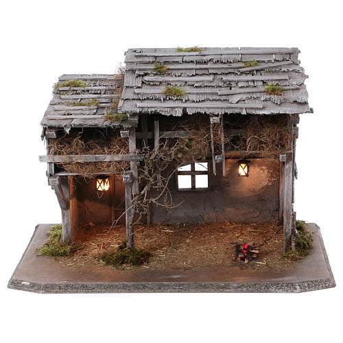 nativity scene stable in wood luhe model with lights and fire