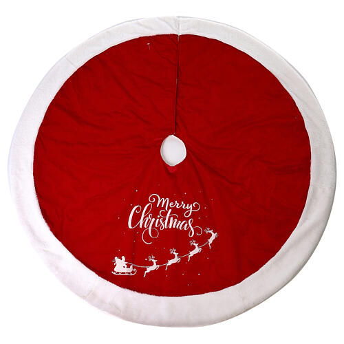 Red Christmas tree skirt with Santa Claus and a Merry Christmas inscription. 125 cm.
