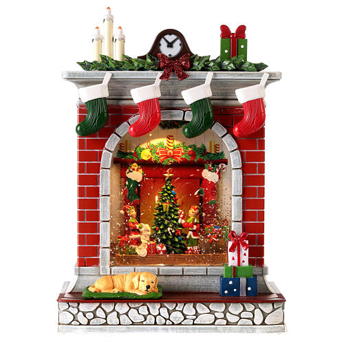 Snow globe fireplace with elves 25x20x10 cm