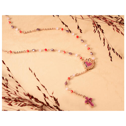 Agios rosary with Sacred Heart, red rhinestones and red and brown beads, rosé 925 silver
