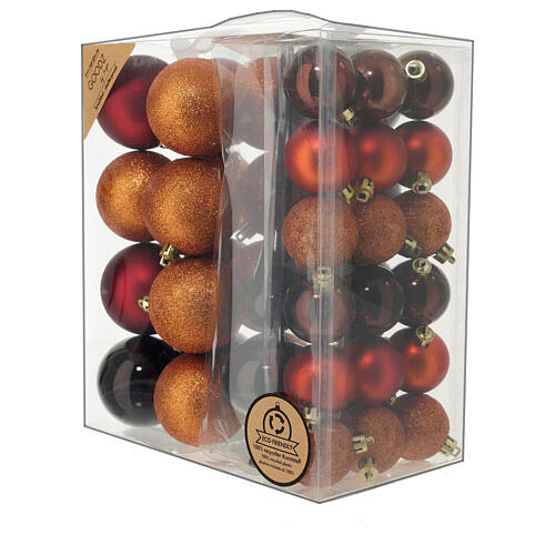 Set of Christmas tree ornaments, 38 balls of 40-60 mm and topper, red orange and dark brown 